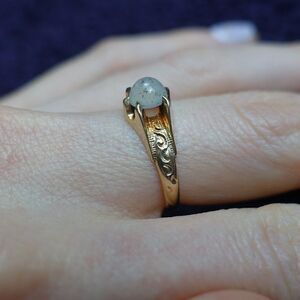 spotted agate ring with crescent moon detail in 10K YG